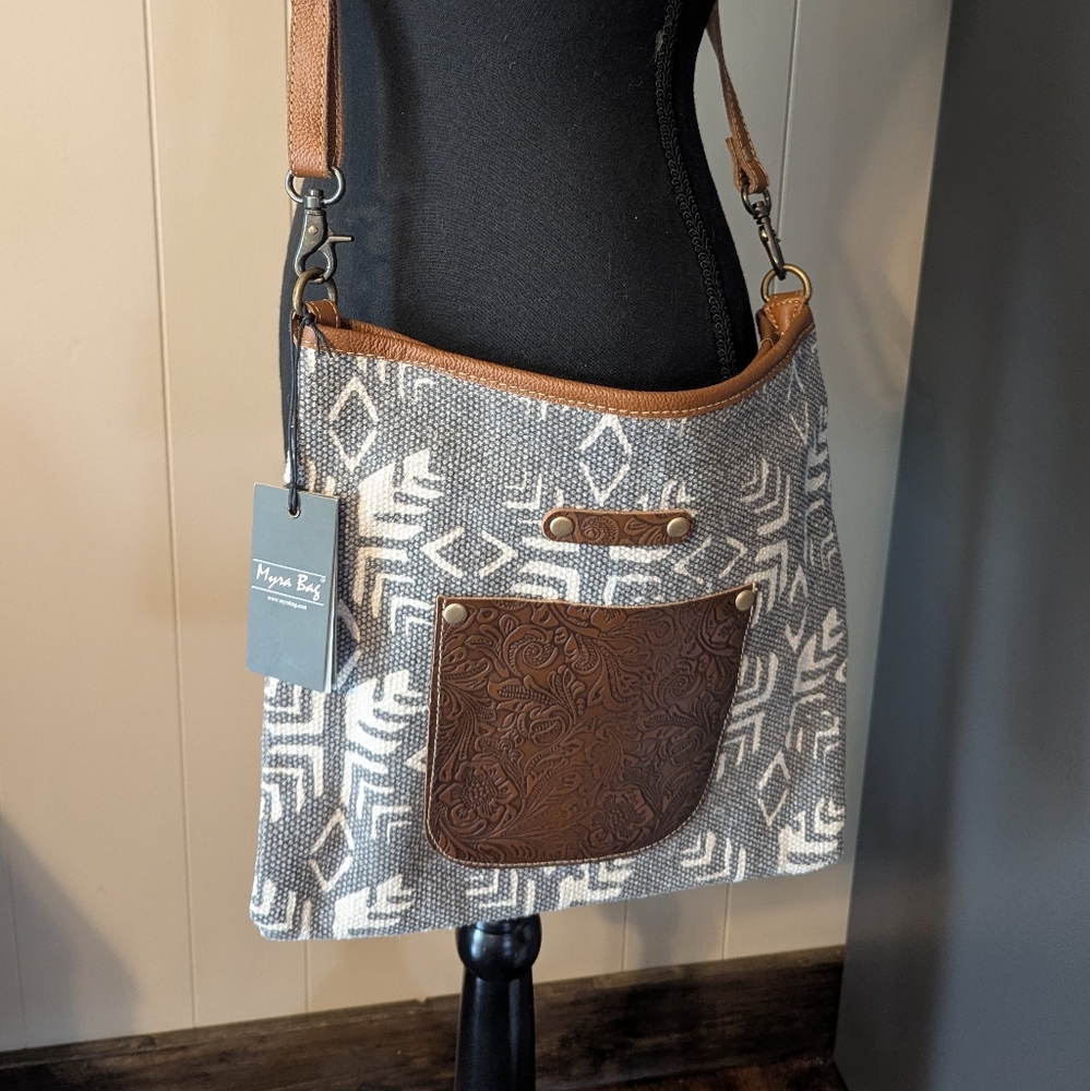 Brand New Grey, Beige and Brown Myra Messenger Bag